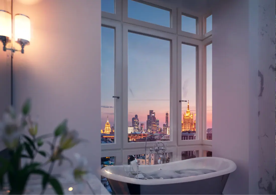 Bathroom with a city view